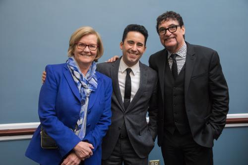Photo of Congressional Arts Caucus Co-Chair Rep. Chellie Pingree (D-ME) (left) with Tony and Grammy-Award winning actor and arts advocates John Lloyd Young and Tommy Faragher.