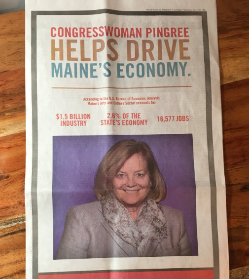 Congresswoman Pingree in an Americans for the Arts ad in the Sunday edition of Portland Press Herald