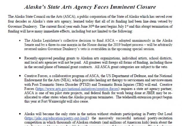 Cover of Alaska State Arts Council Press Release