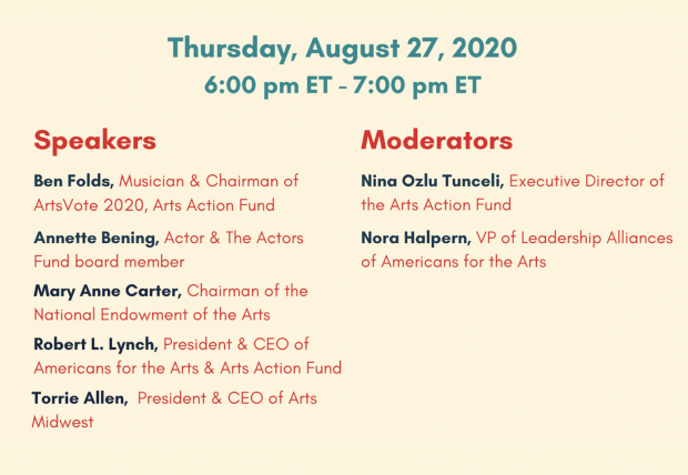 You're Invited to ArtsVote Live Virtual Event on 8-27-20 to Discuss Impact of COVID-19 on the Arts Community and Policies for the Future