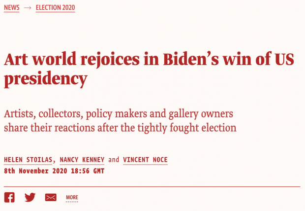 Art world rejoices in Biden’s win of US presidency