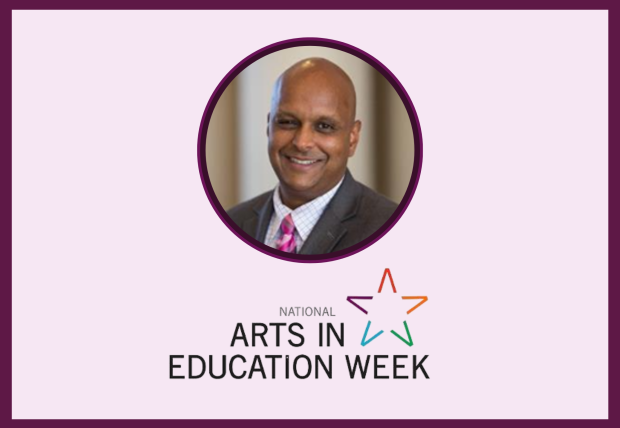 Image of man in grey suit with Arts in Education Week logo below. 