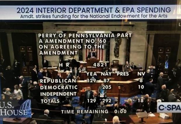 Woohoo!  The House floor amendments to eliminate funding for NEA and NEA were just defeated